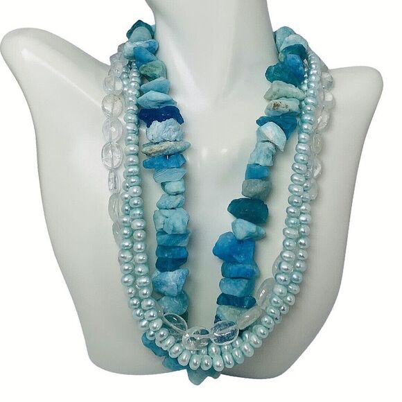 Blue Pearl Layered Necklace 16.5" 925 Sterling Silver Gemstone Trendy - Picture 2 of 11